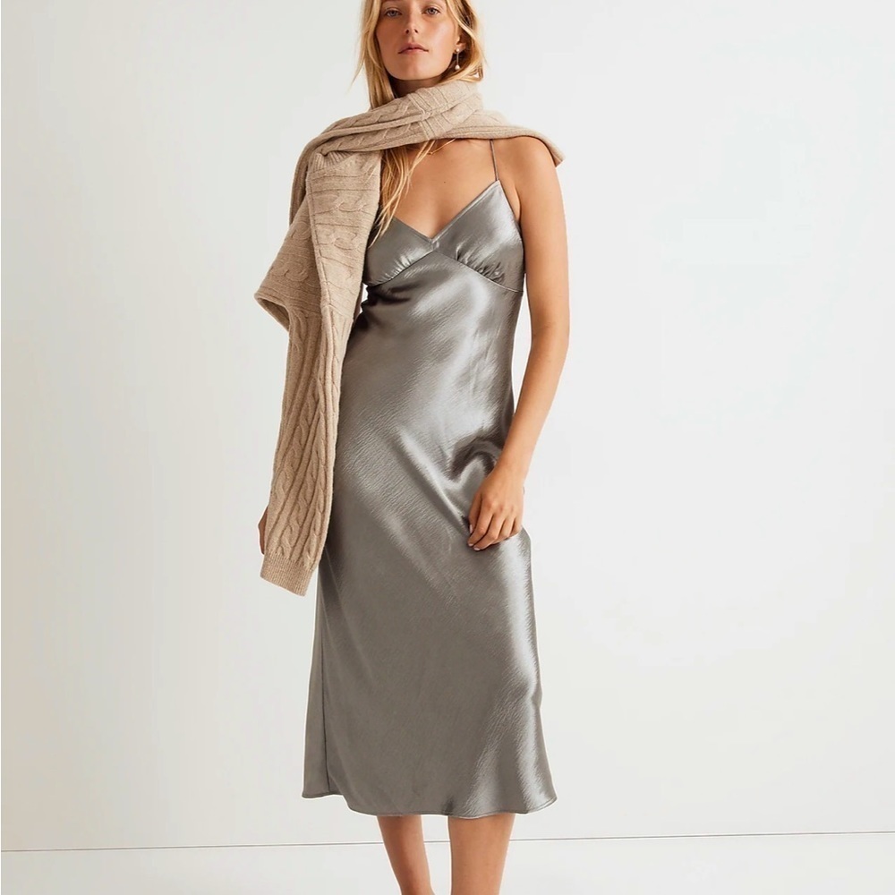 Madewell The Layton Midi Slip Dress metallic recycled satin silver